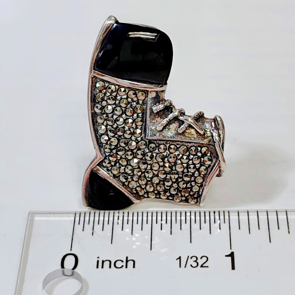 Vintage Art Deco Era Sterling Silver Marcasite Black Onyx Boot Brooch Pin - Picture 5 of 12
